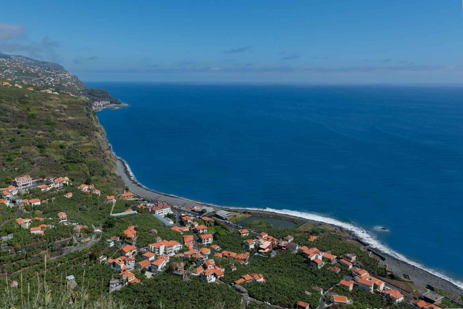 Landscape view of lugar de baixo surf spot chosen by a surf guide in madeira